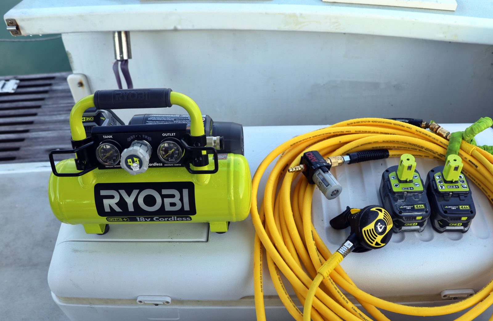 My 2020 hookah rig uses a Ryobi cordless compressor