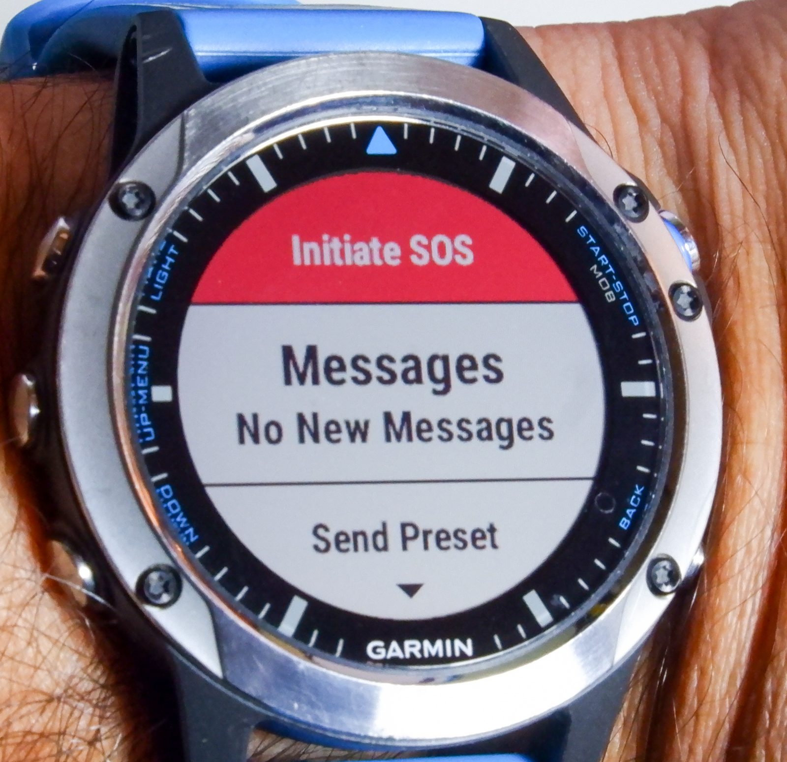 A Garmin Quatix 5 with the GPSMap 86 control page displayed