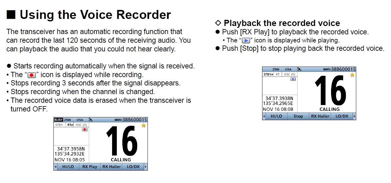 ICOM M605 manual page automatic recording feature
